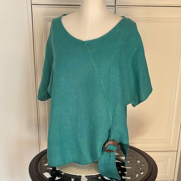 Italian Teal Green Linen-Blend Short Sleeve Top with Side Ring Tie - Picture 2 of 9